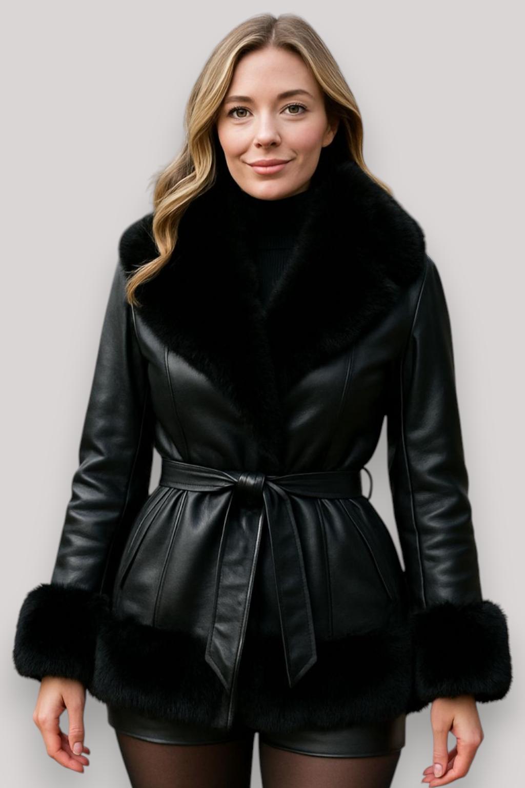 The Elinora PU Leather Coat Elegant Long Sleeve Patchwork Cropped Jacket