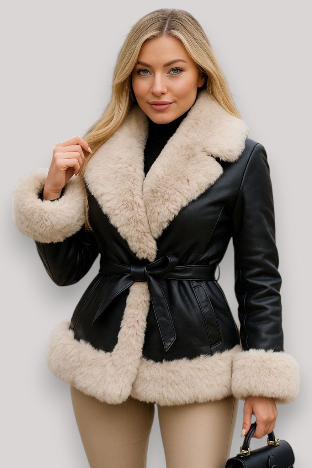 The Elinora PU Leather Coat Elegant Long Sleeve Patchwork Cropped Jacket