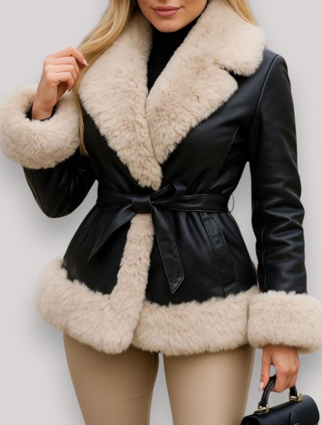 The Elinora PU Leather Coat Elegant Long Sleeve Patchwork Cropped Jacket