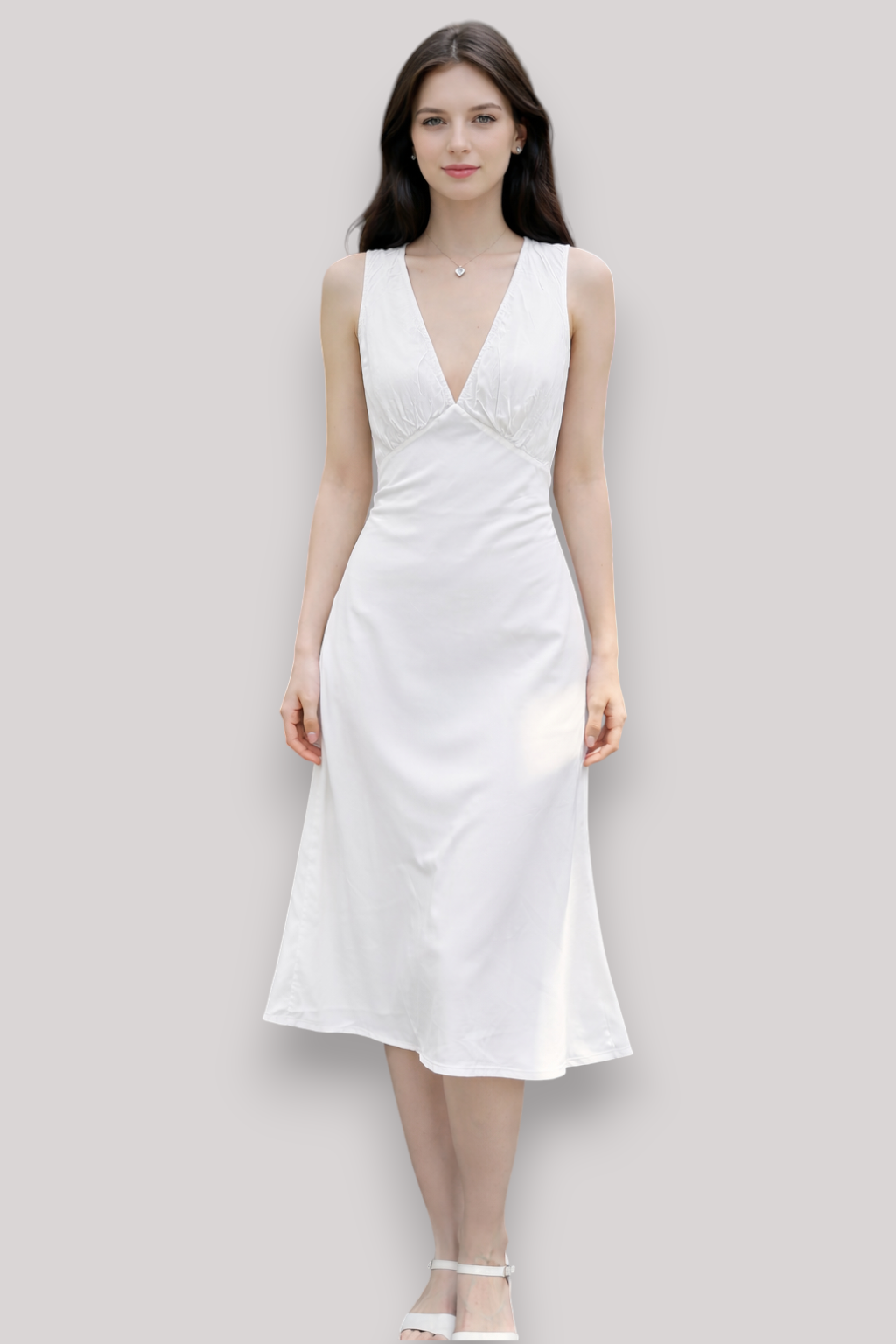 The Elodie Deep V Neck Belted A Line White Dress Waist Cinching Cotton Style