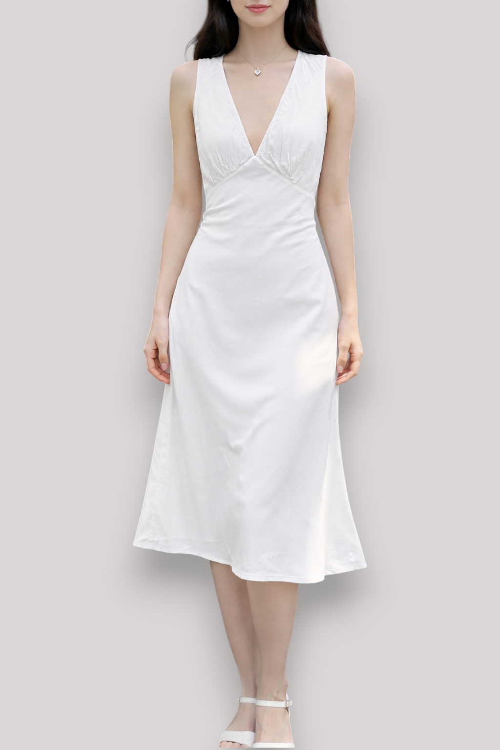 The Elodie Deep V Neck Belted A Line White Dress Waist Cinching Cotton Style