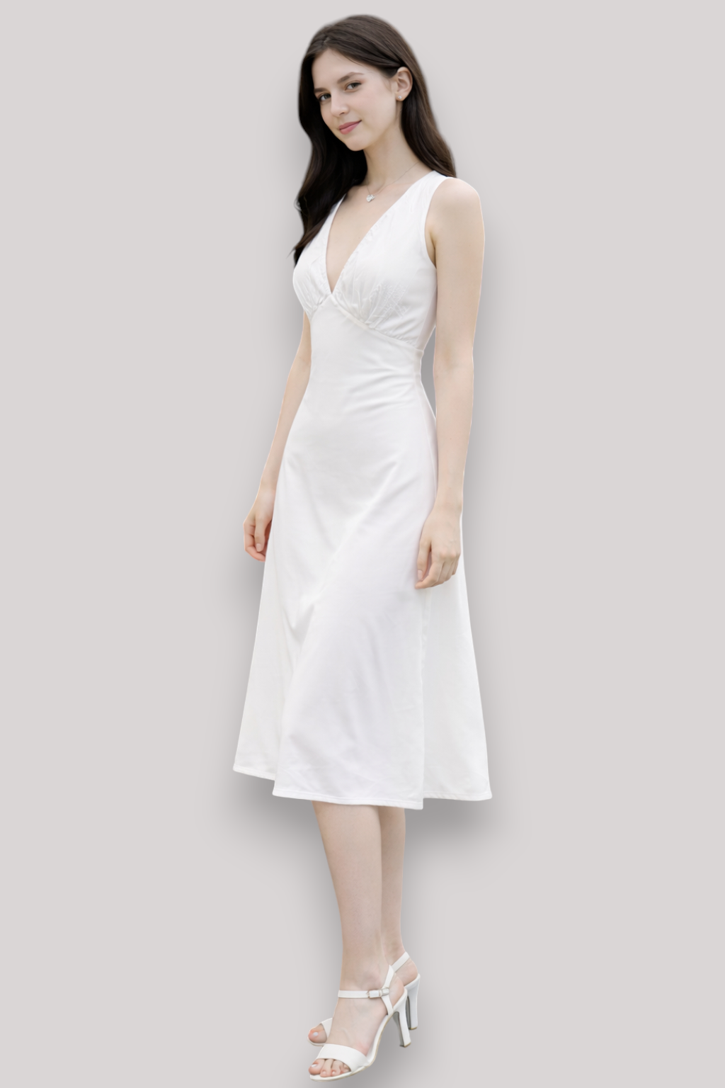 The Elodie Deep V Neck Belted A Line White Dress Waist Cinching Cotton Style