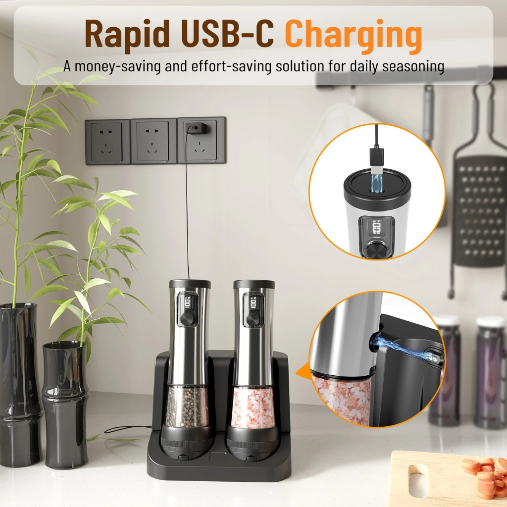 The Grindora Rechargeable Salt And Pepper Grinder Set
