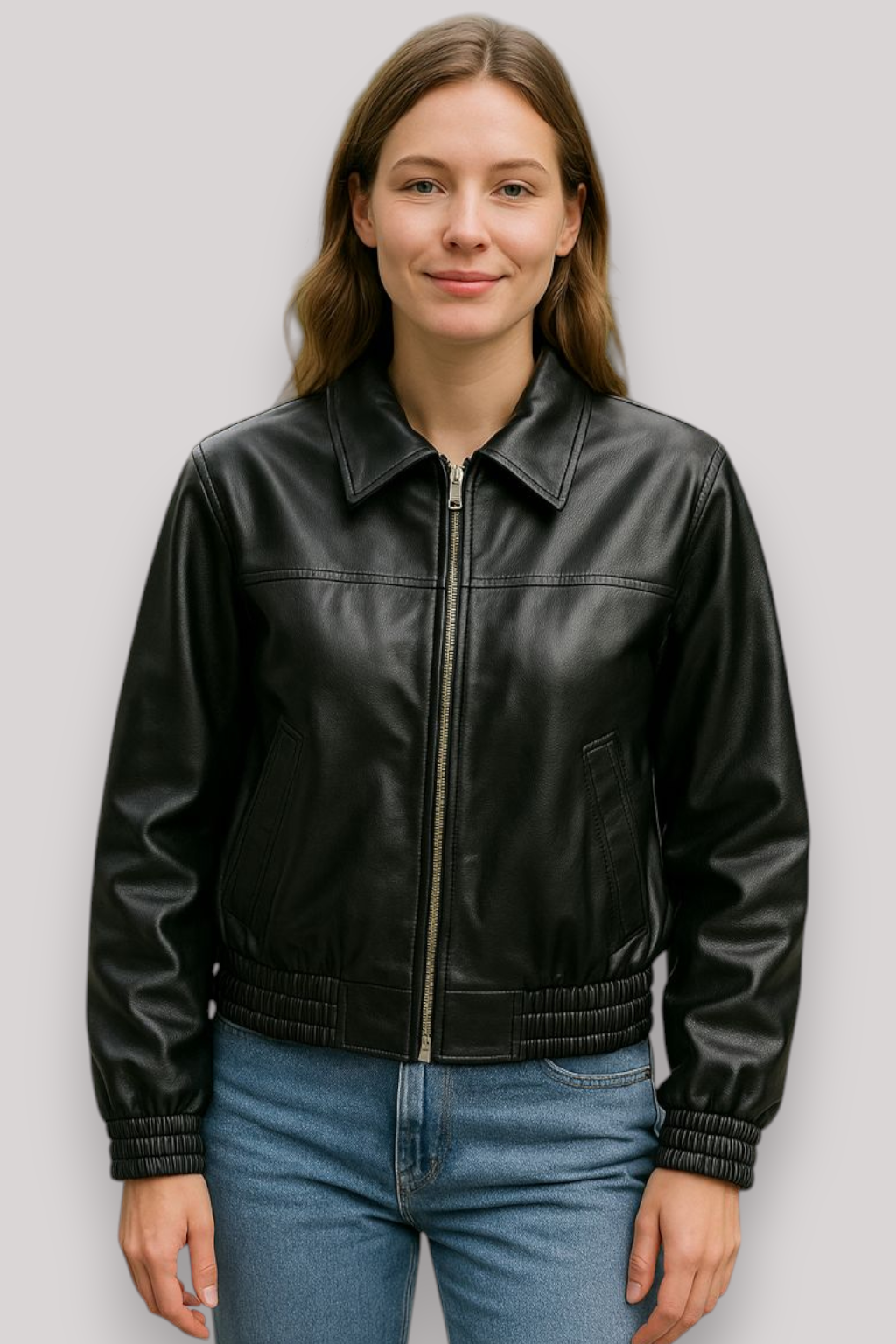 The Hettie Cropped Leather Jacket Zip Front Long Sleeve Collar Coat
