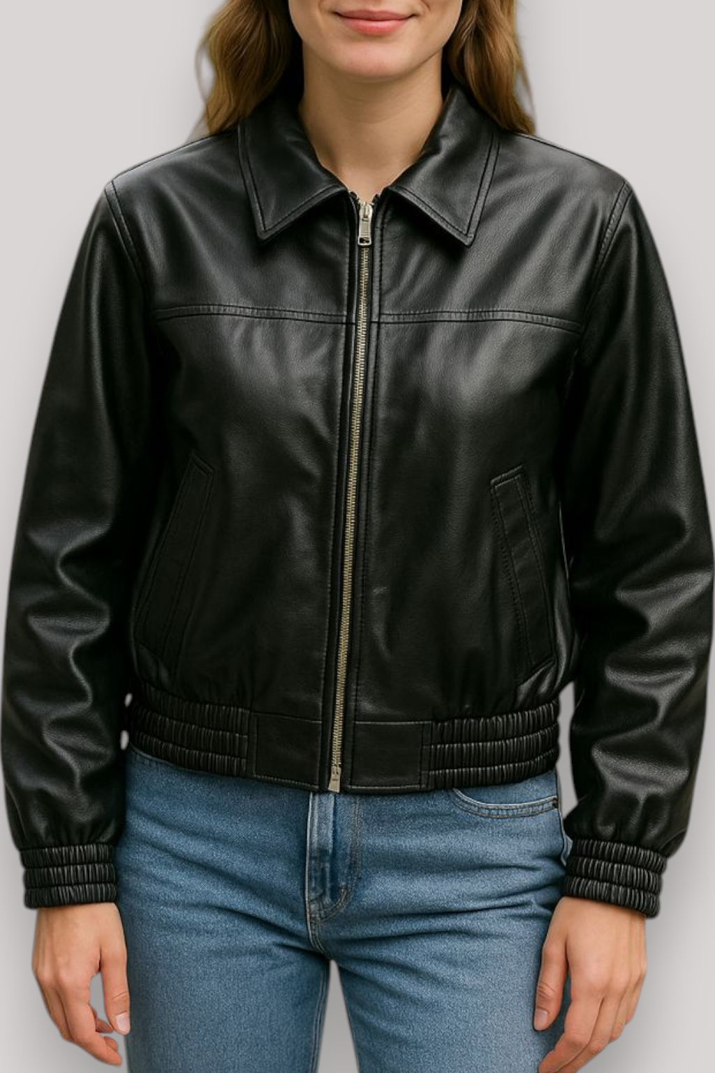 The Hettie Cropped Leather Jacket Zip Front Long Sleeve Collar Coat