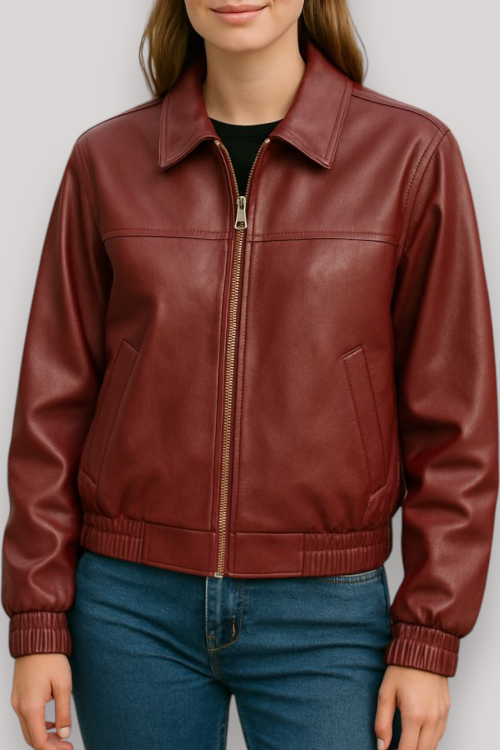 The Hettie Cropped Leather Jacket Zip Front Long Sleeve Collar Coat