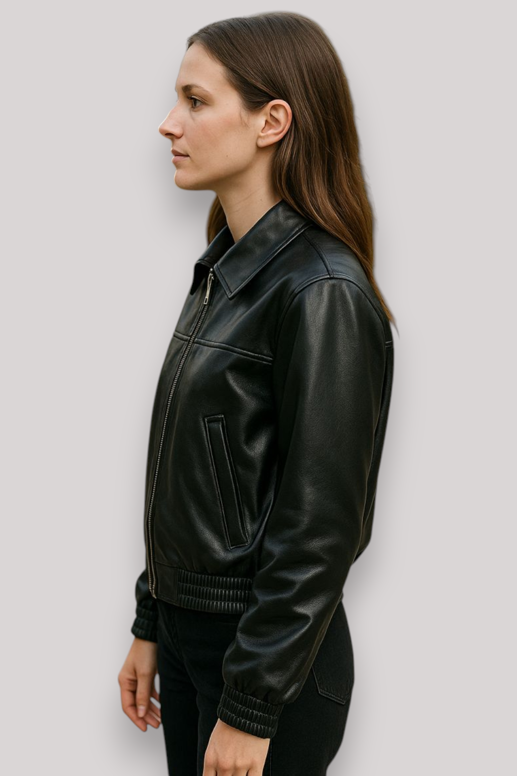 The Hettie Cropped Leather Jacket Zip Front Long Sleeve Collar Coat