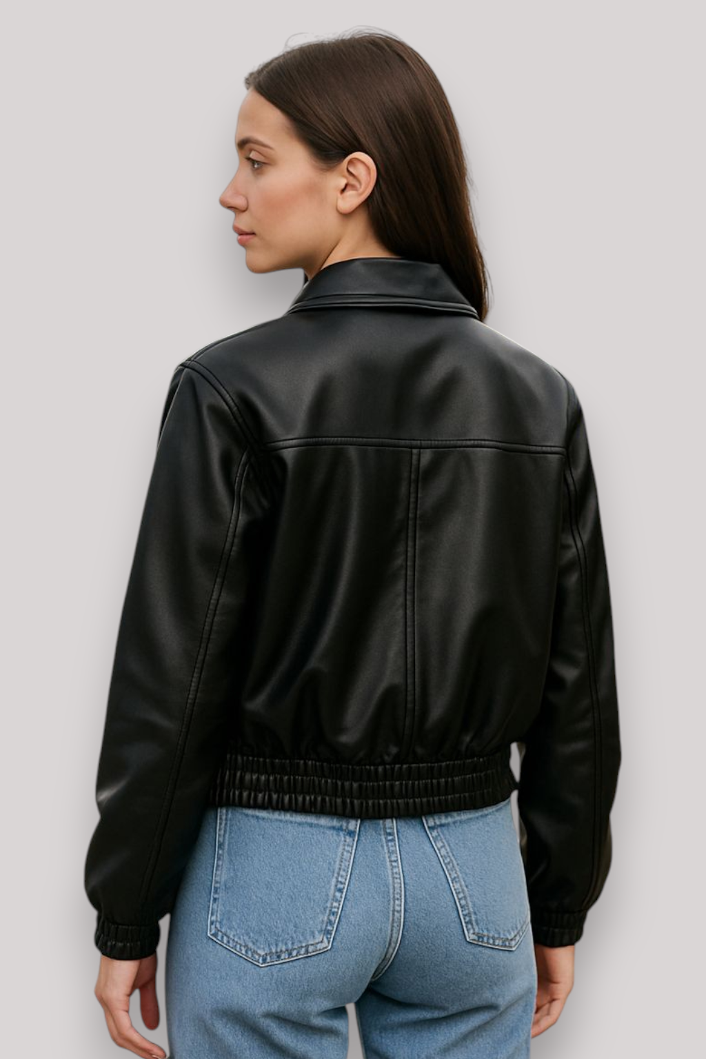 The Hettie Cropped Leather Jacket Zip Front Long Sleeve Collar Coat