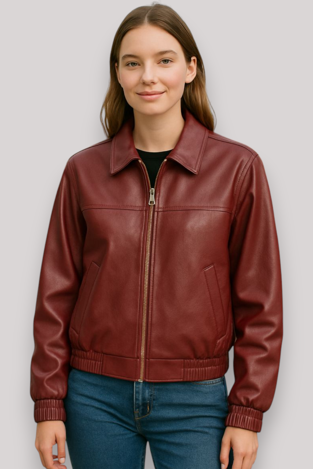 The Hettie Cropped Leather Jacket Zip Front Long Sleeve Collar Coat