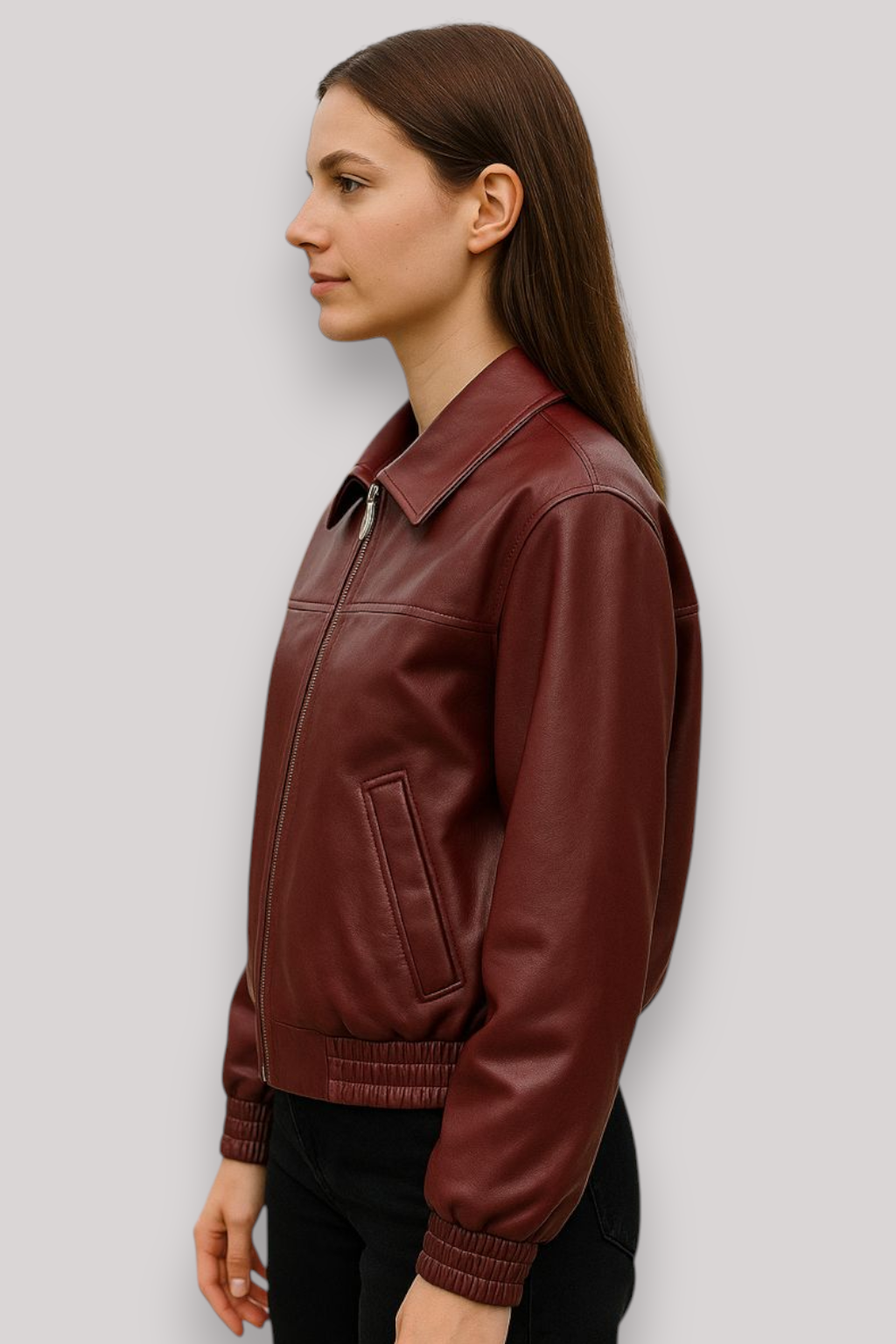 The Hettie Cropped Leather Jacket Zip Front Long Sleeve Collar Coat