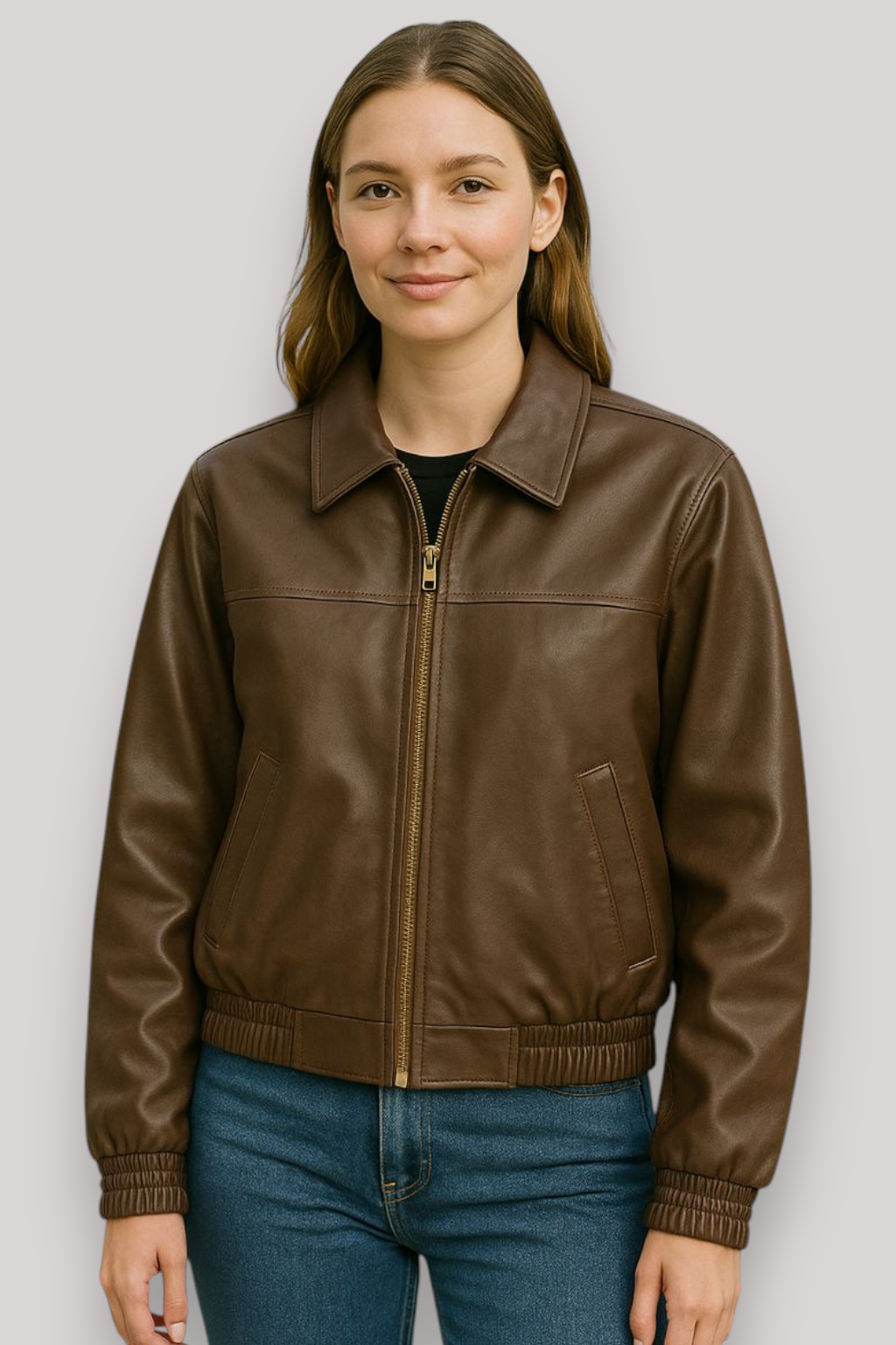 The Hettie Cropped Leather Jacket Zip Front Long Sleeve Collar Coat