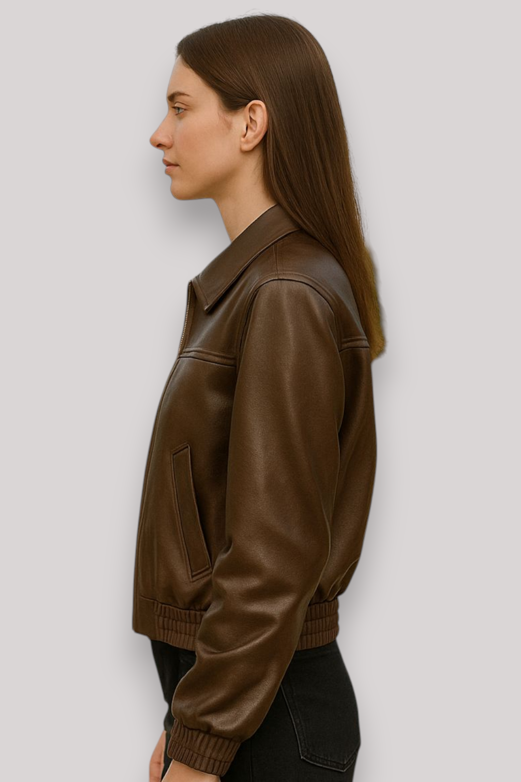 The Hettie Cropped Leather Jacket Zip Front Long Sleeve Collar Coat