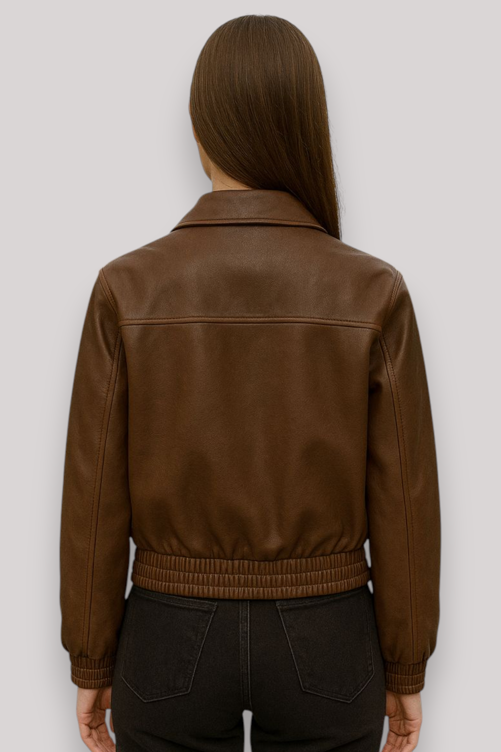 The Hettie Cropped Leather Jacket Zip Front Long Sleeve Collar Coat