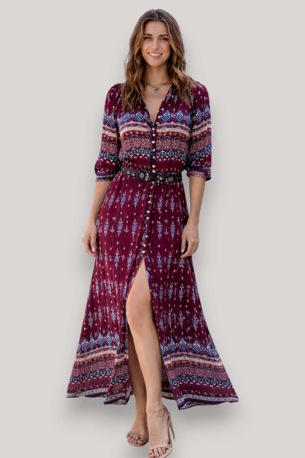 The Isabella Women's Bohemian V Neck Maxi Dress 3/4 Sleeve
