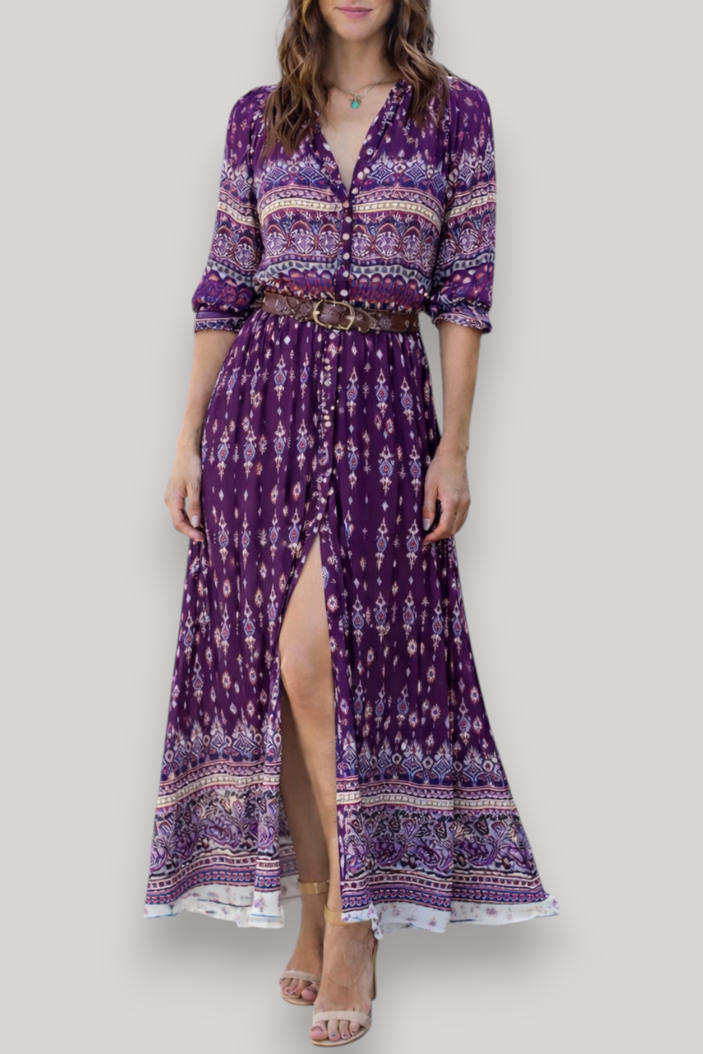 The Isabella Women's Bohemian V Neck Maxi Dress 3/4 Sleeve