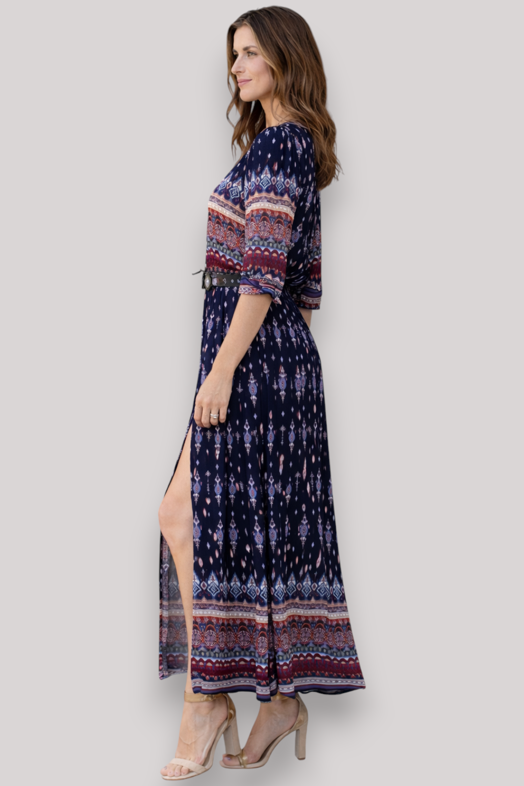 The Isabella Women's Bohemian V Neck Maxi Dress 3/4 Sleeve
