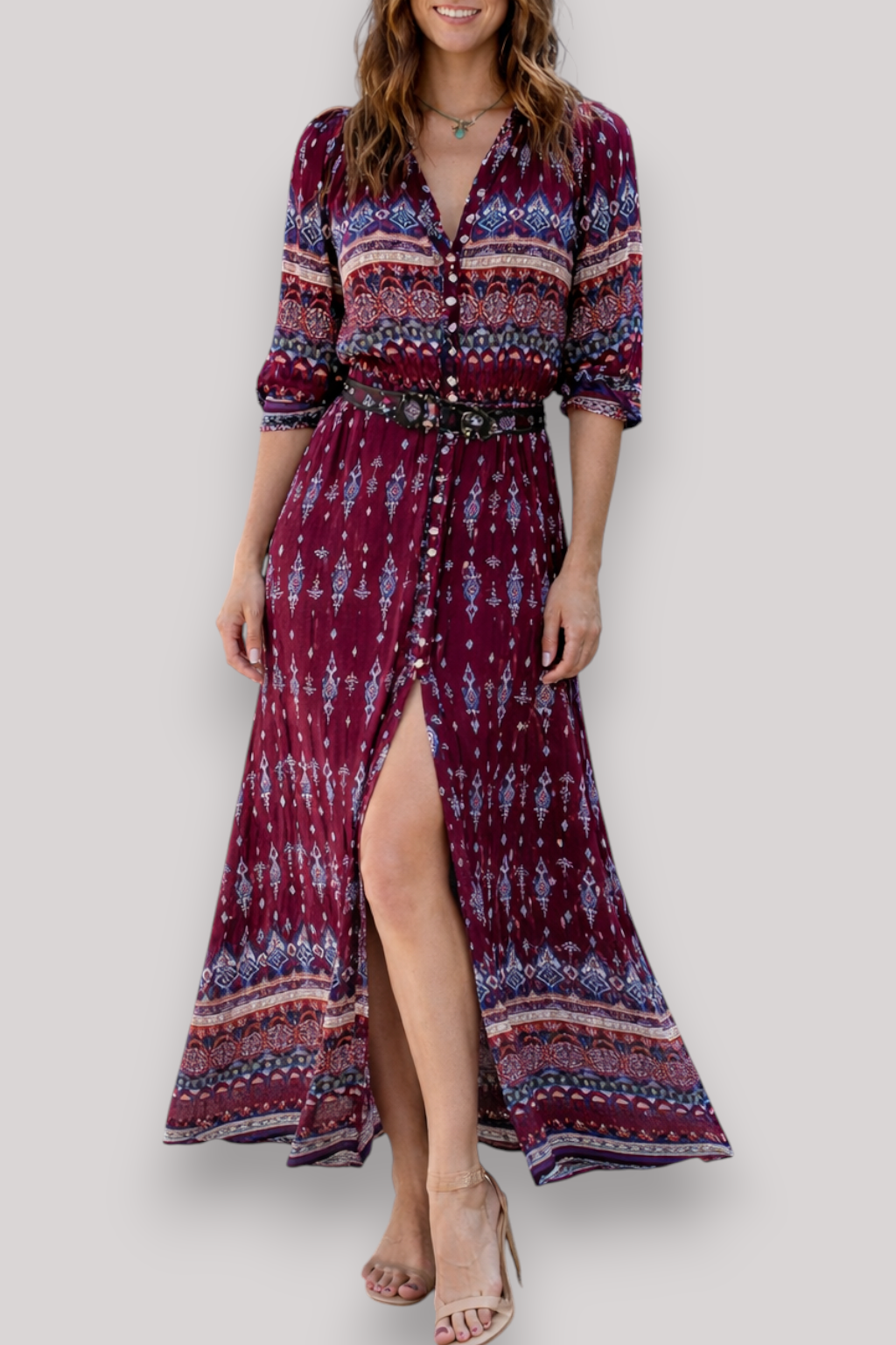 The Isabella Women's Bohemian V Neck Maxi Dress 3/4 Sleeve