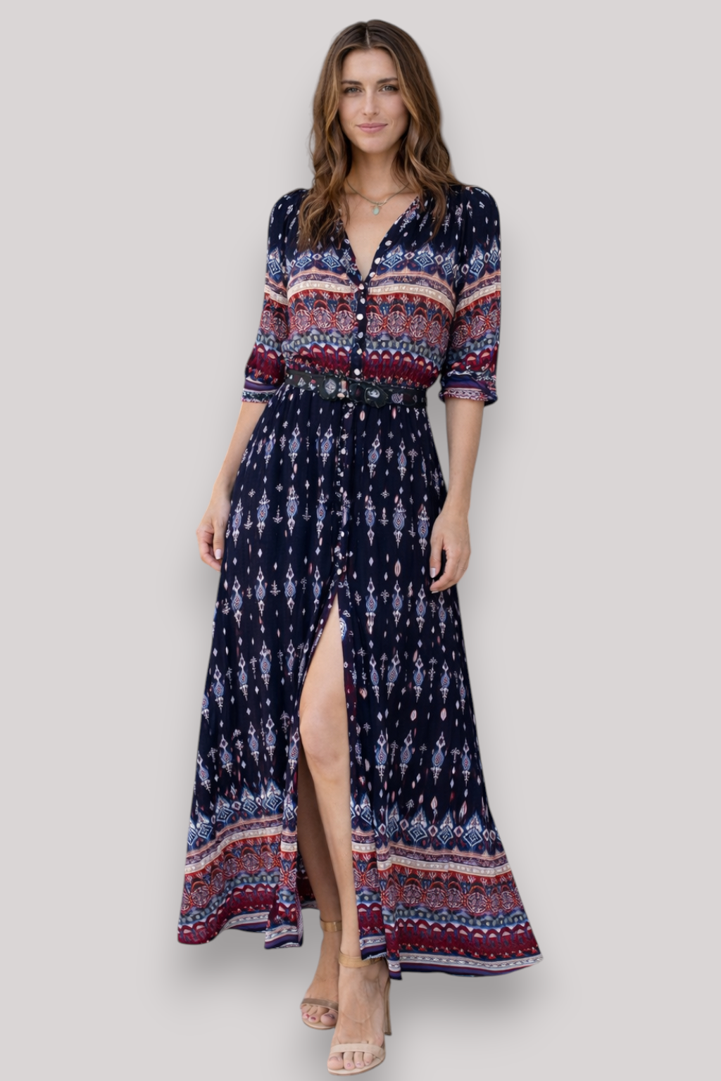 The Isabella Women's Bohemian V Neck Maxi Dress 3/4 Sleeve