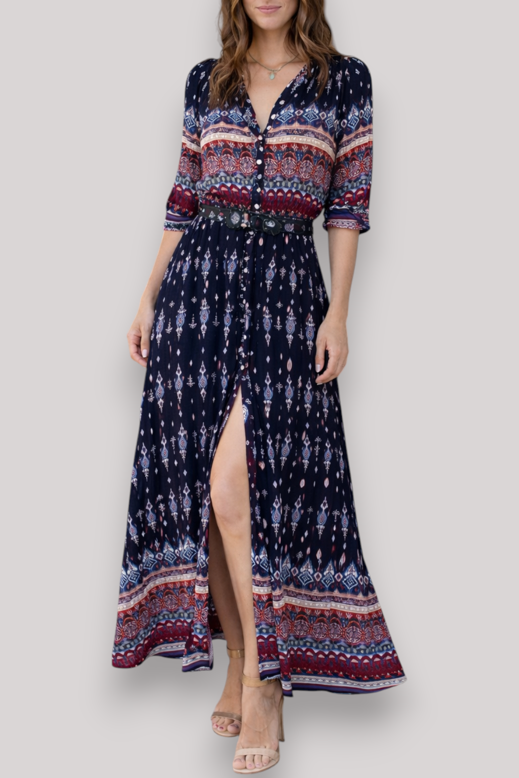 The Isabella Women's Bohemian V Neck Maxi Dress 3/4 Sleeve