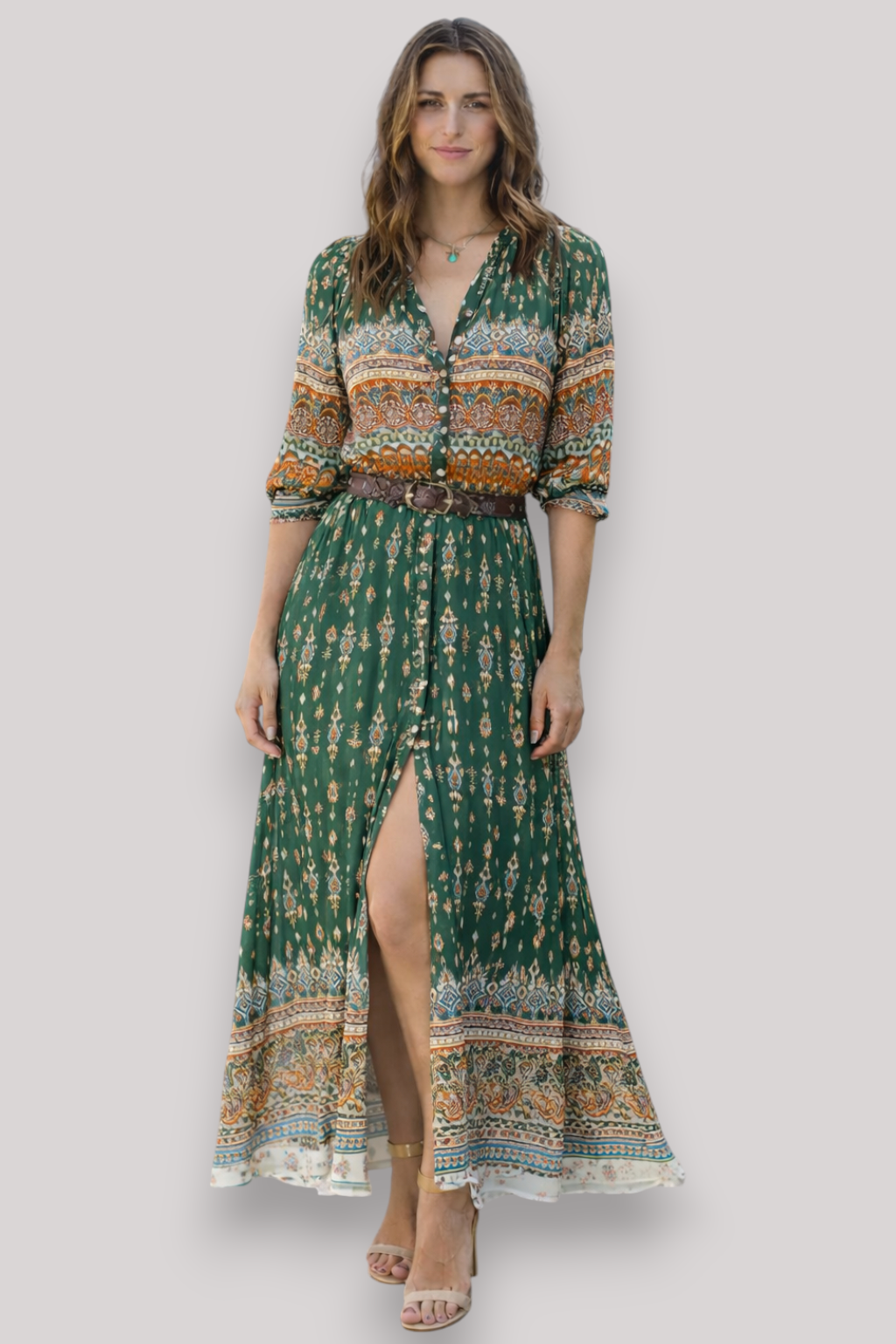 The Isabella Women's Bohemian V Neck Maxi Dress 3/4 Sleeve