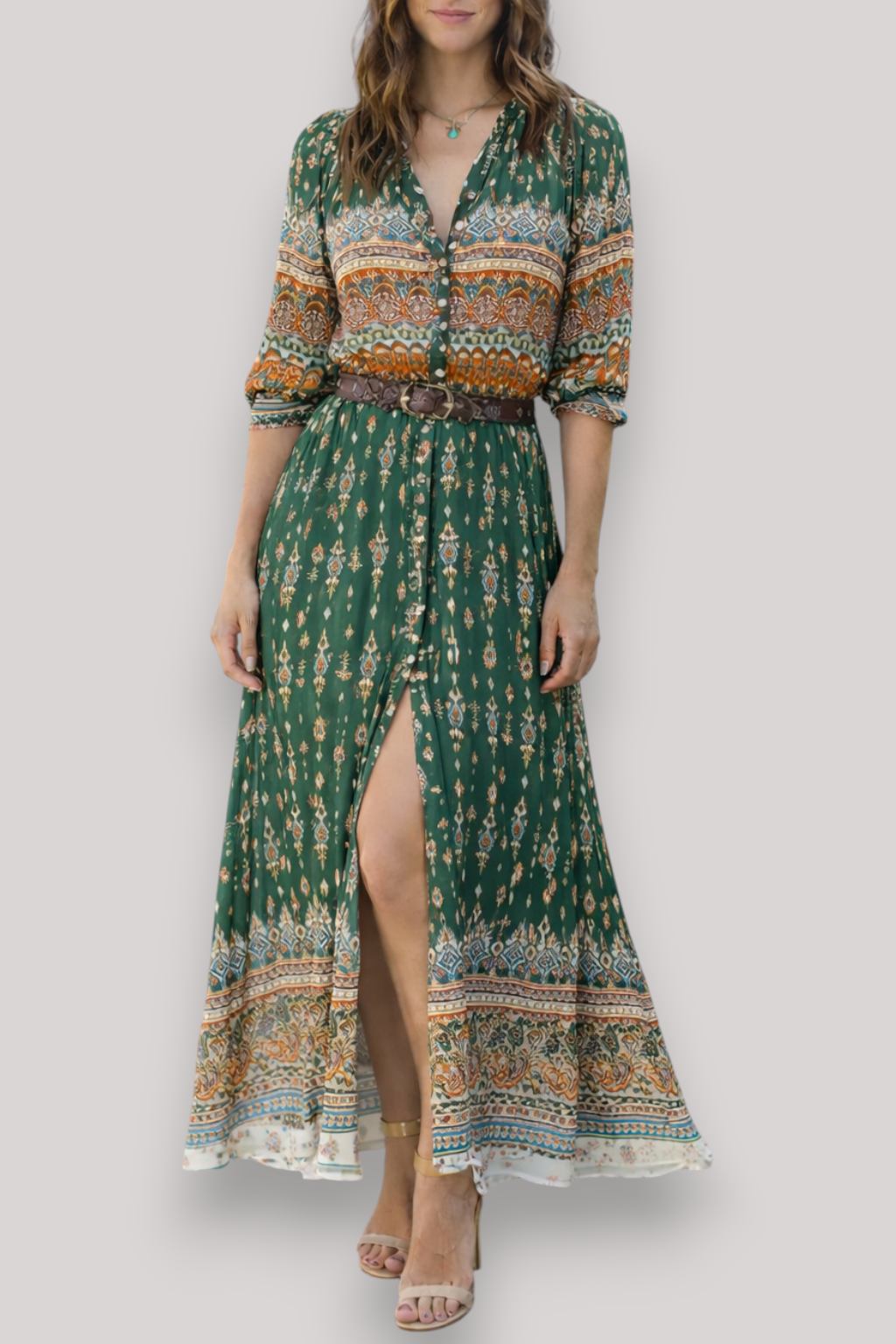 The Isabella Women's Bohemian V Neck Maxi Dress 3/4 Sleeve