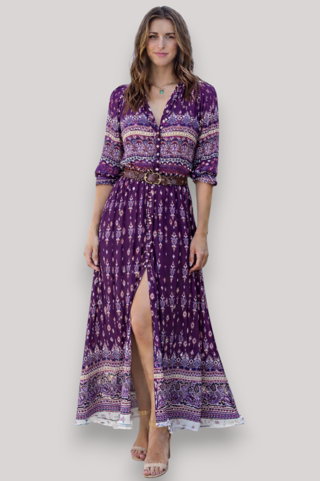 The Isabella Women's Bohemian V Neck Maxi Dress 3/4 Sleeve