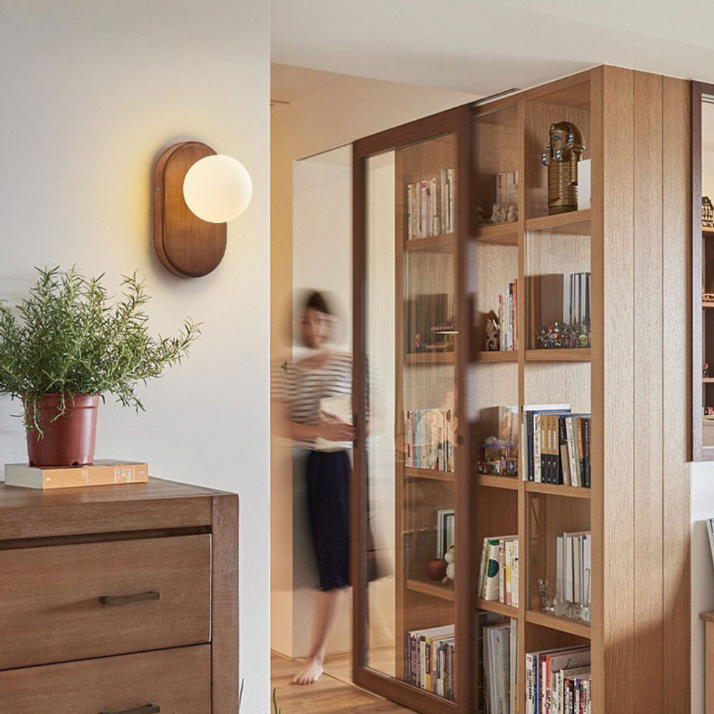 The Kiyora Japanese Styled Wood Glass Wall Light