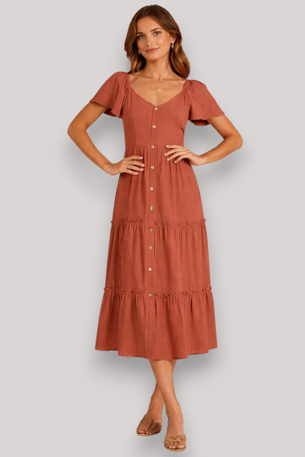 The Lillian Midi Shirt Dress Flowy Summer V Neck Button Up