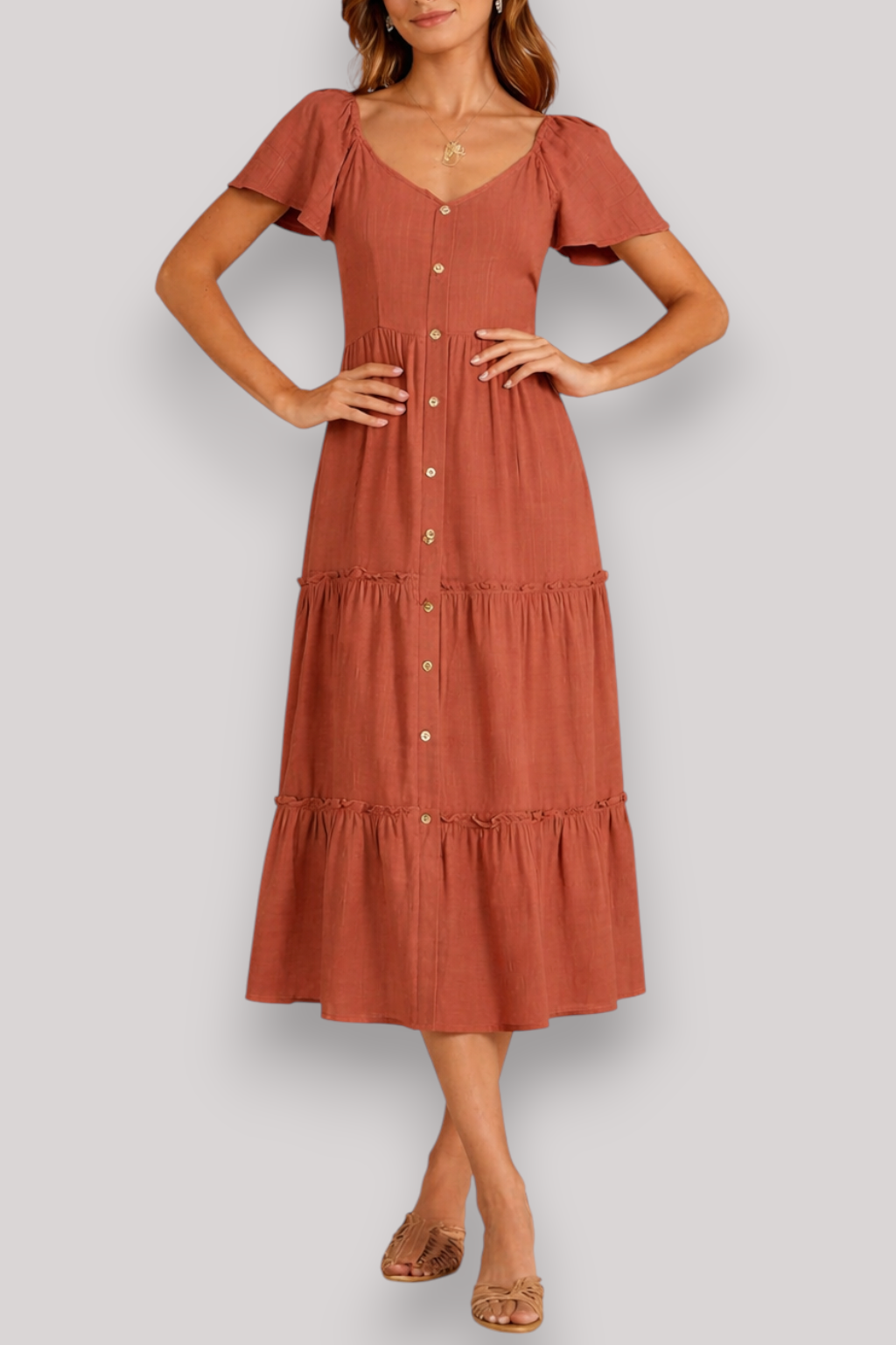 The Lillian Midi Shirt Dress Flowy Summer V Neck Button Up