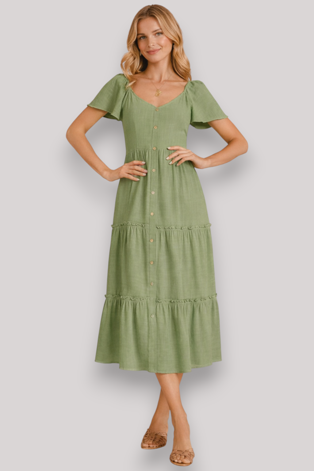 The Lillian Midi Shirt Dress Flowy Summer V Neck Button Up
