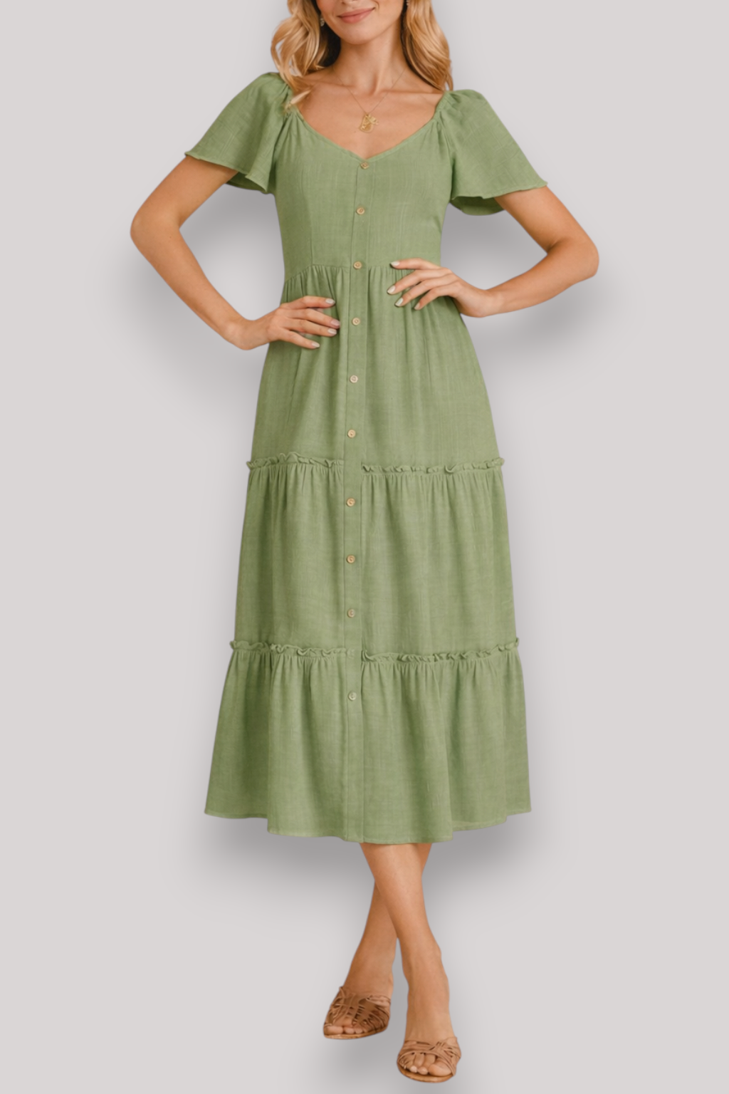 The Lillian Midi Shirt Dress Flowy Summer V Neck Button Up