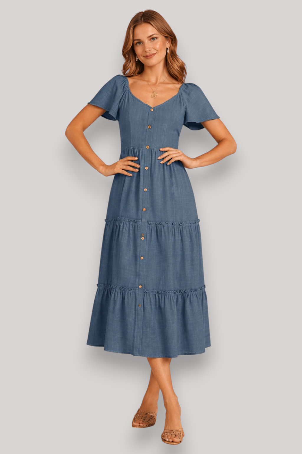 The Lillian Midi Shirt Dress Flowy Summer V Neck Button Up