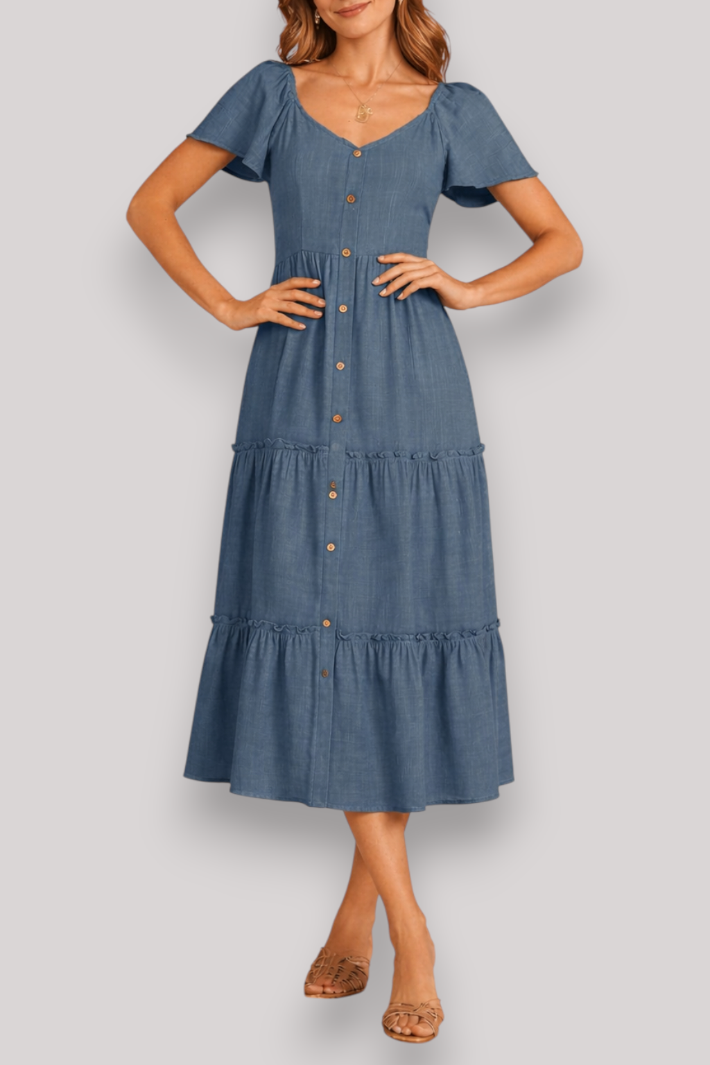 The Lillian Midi Shirt Dress Flowy Summer V Neck Button Up