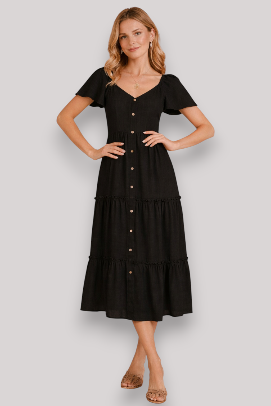 The Lillian Midi Shirt Dress Flowy Summer V Neck Button Up