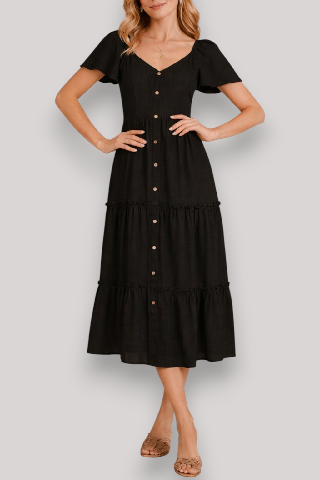 The Lillian Midi Shirt Dress Flowy Summer V Neck Button Up