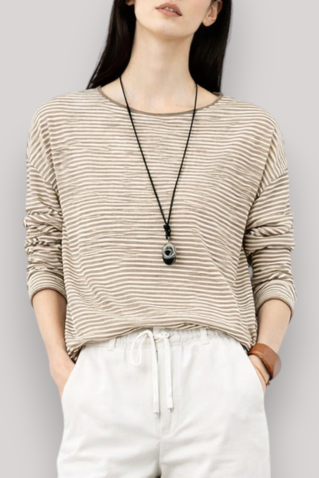 The Mirelle Women's Linen T Shirt Striped Lightweight Top