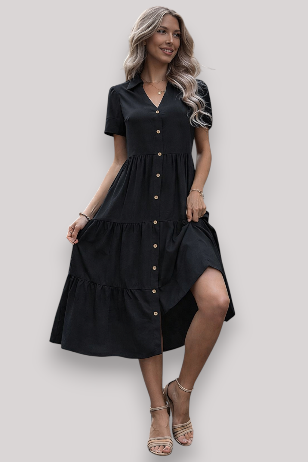 The Norah Women's Midi Dress Short Sleeve A Line Button Up