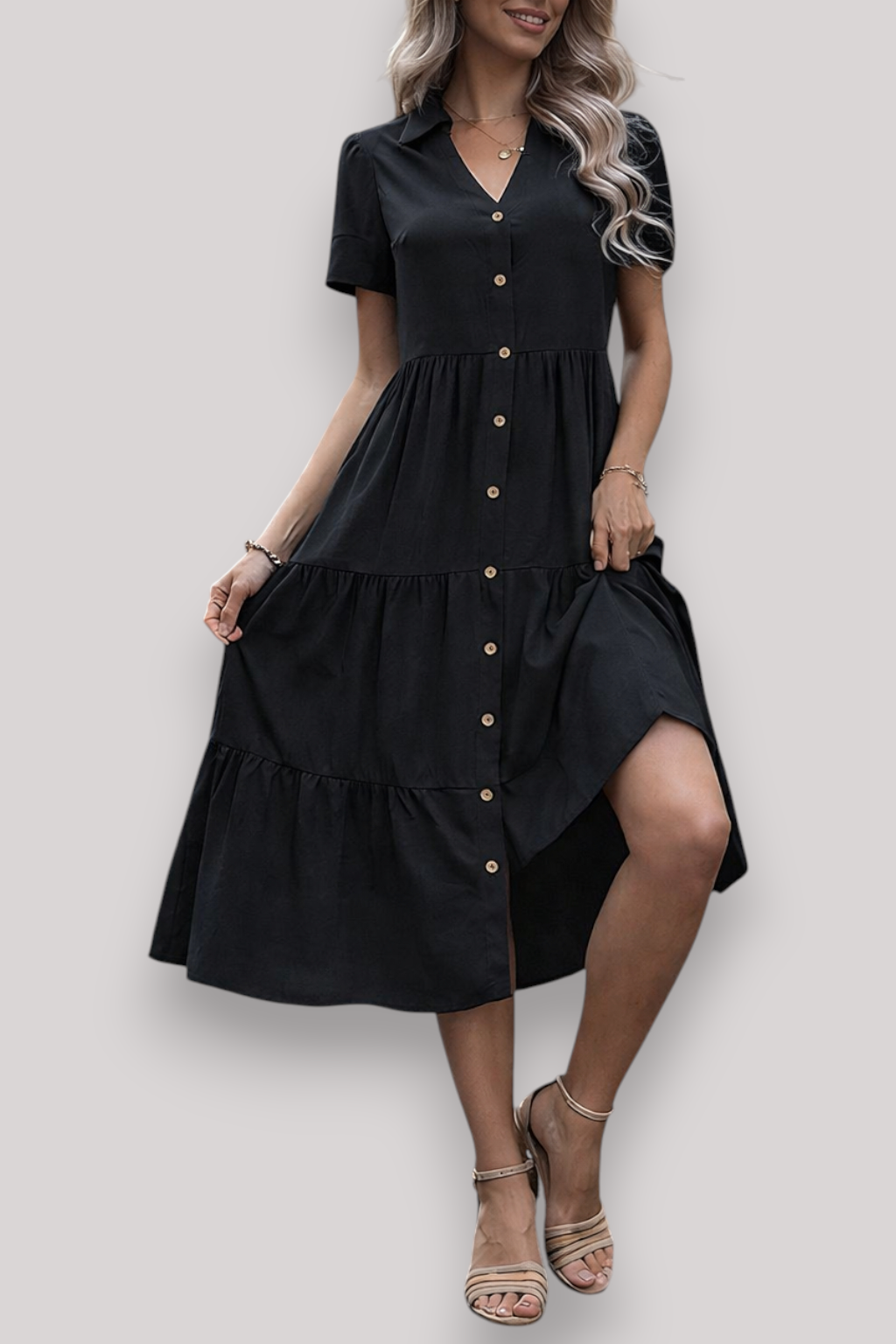 The Norah Women's Midi Dress Short Sleeve A Line Button Up