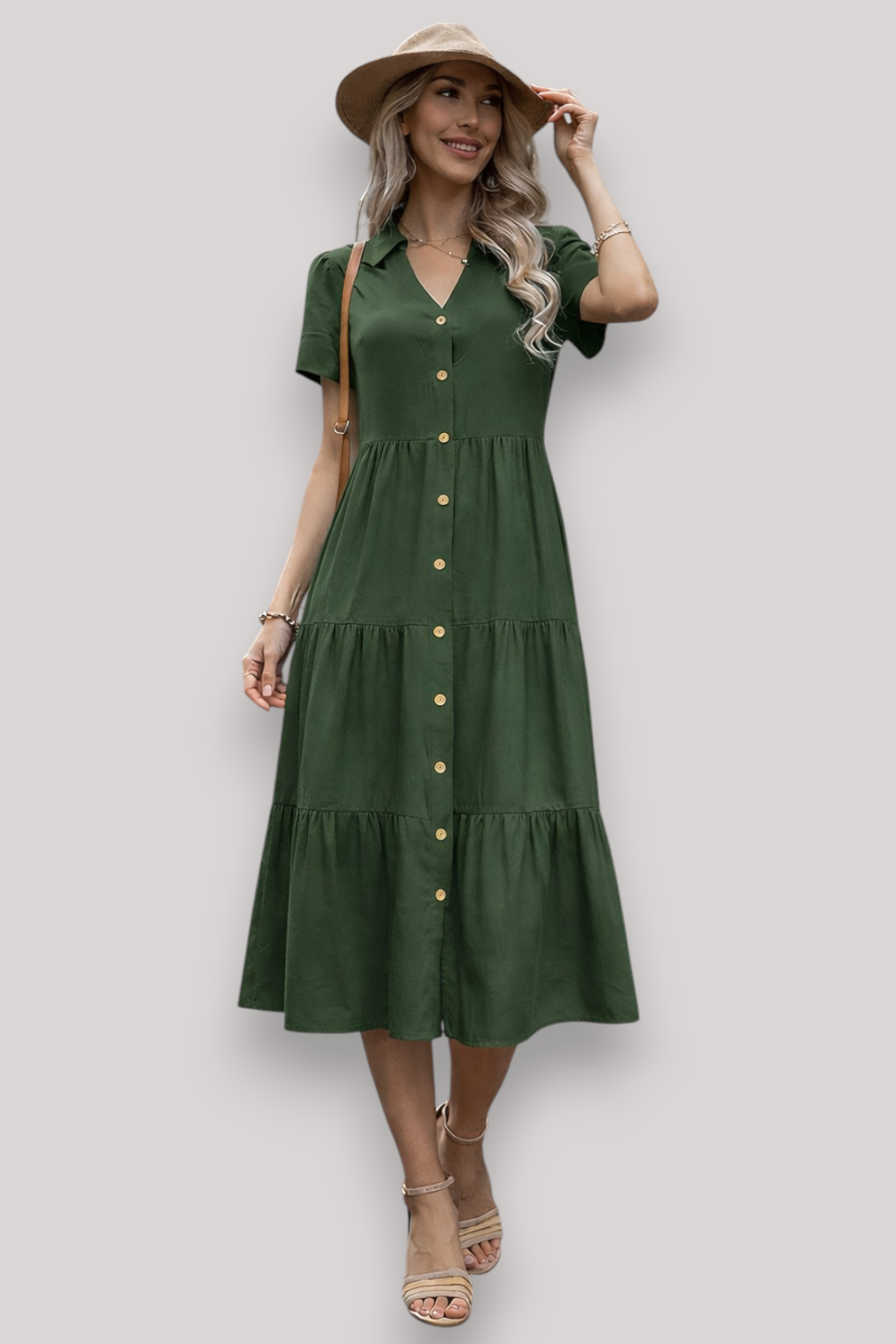 The Norah Women's Midi Dress Short Sleeve A Line Button Up