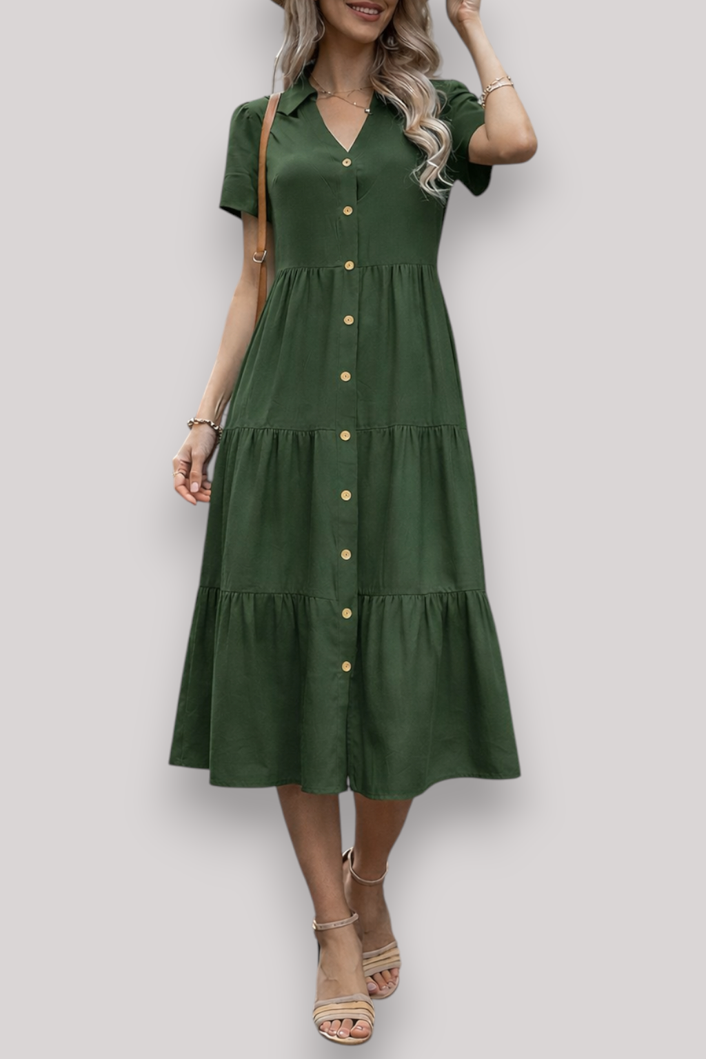 The Norah Women's Midi Dress Short Sleeve A Line Button Up