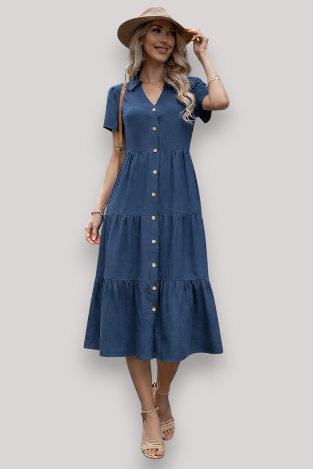 The Norah Women's Midi Dress Short Sleeve A Line Button Up