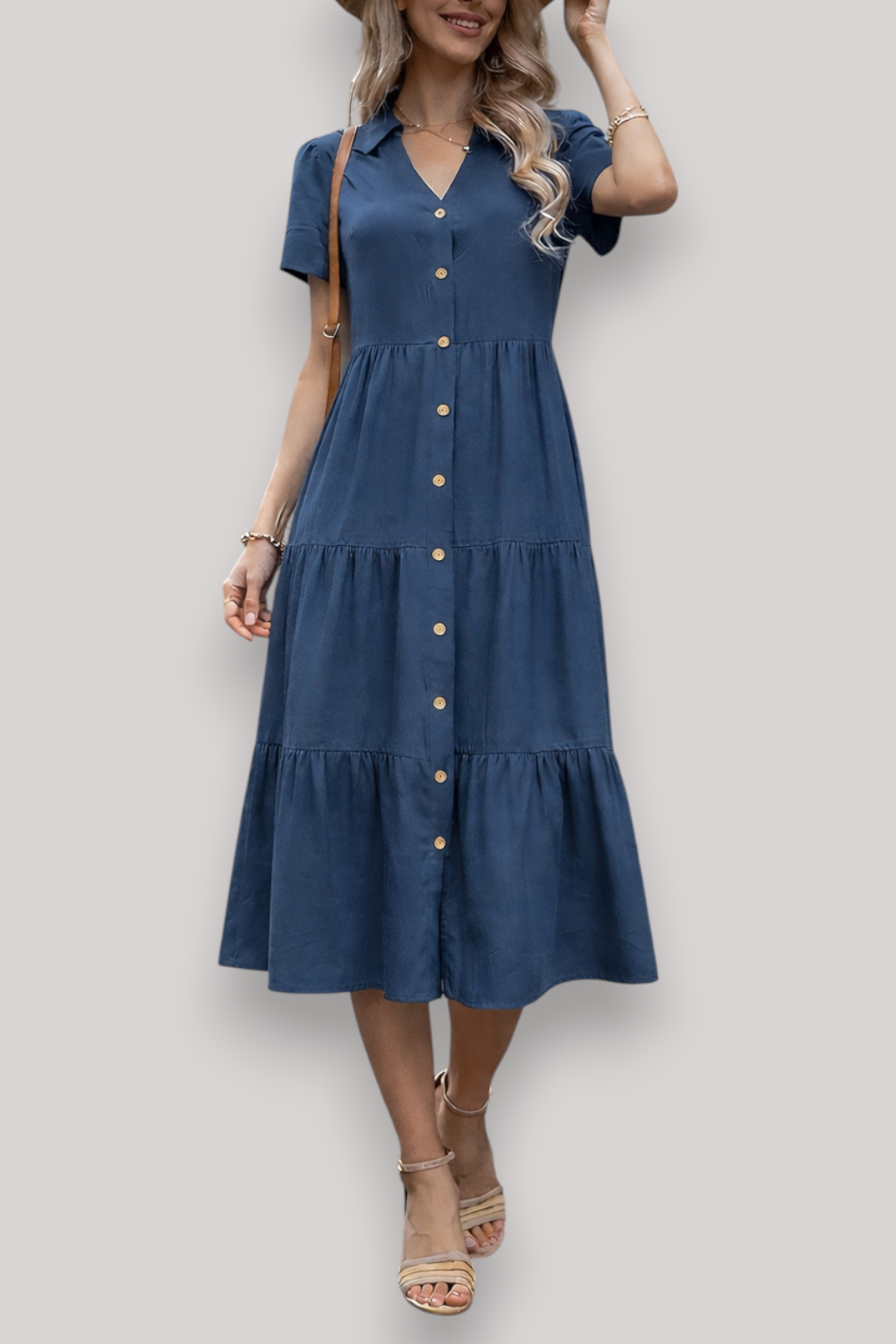 The Norah Women's Midi Dress Short Sleeve A Line Button Up