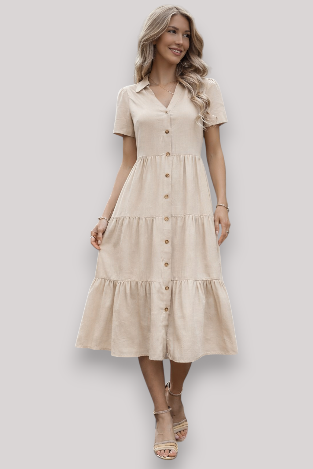 The Norah Women's Midi Dress Short Sleeve A Line Button Up