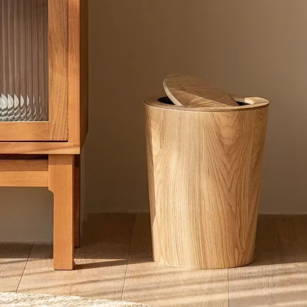 The Oakluxe Minimalist Wooden Flip Trash Bin