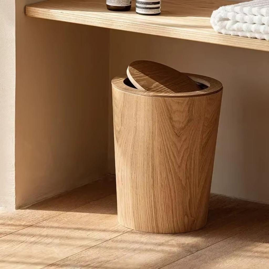The Oakluxe Minimalist Wooden Flip Trash Bin
