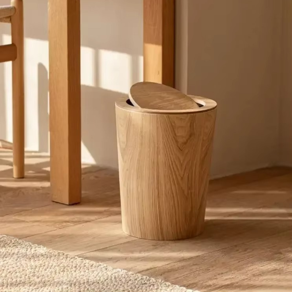 The Oakluxe Minimalist Wooden Flip Trash Bin
