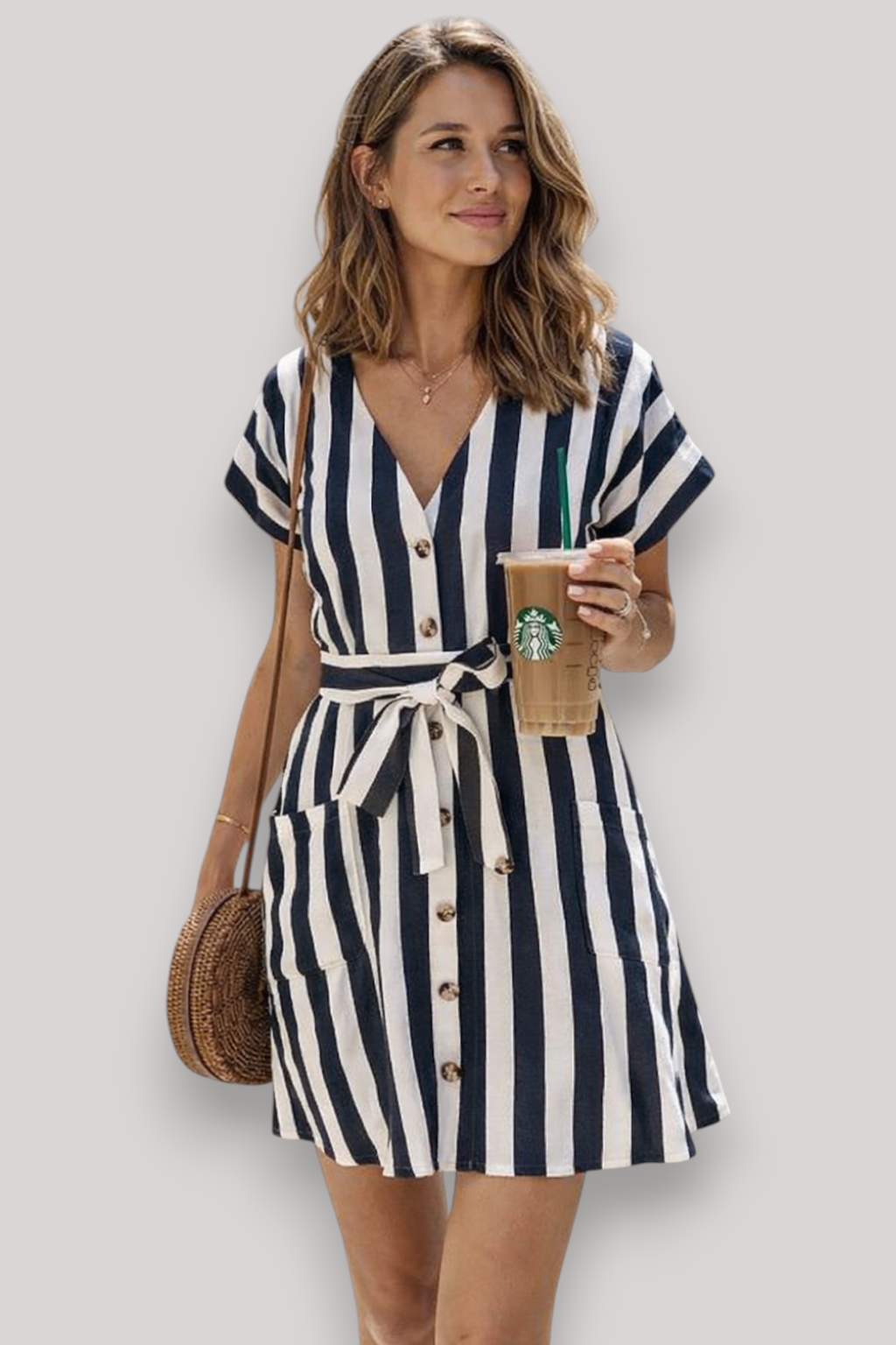 The Penelope Women's Striped Midi Dress Tie Waist V Neck
