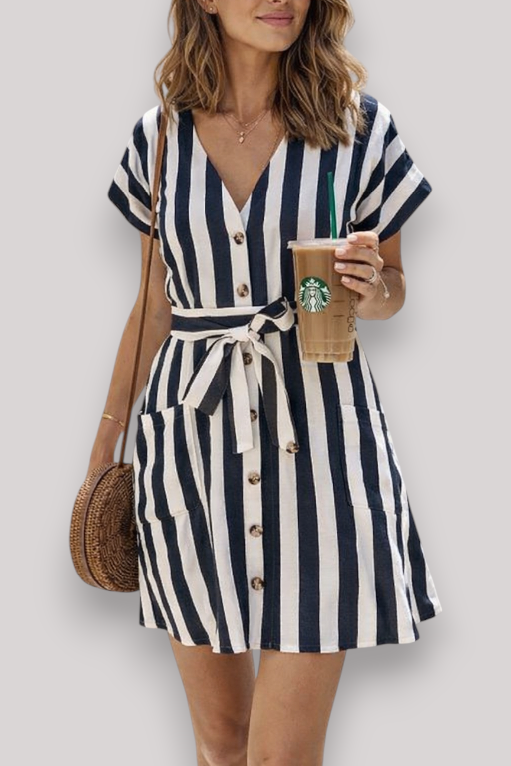 The Penelope Women's Striped Midi Dress Tie Waist V Neck