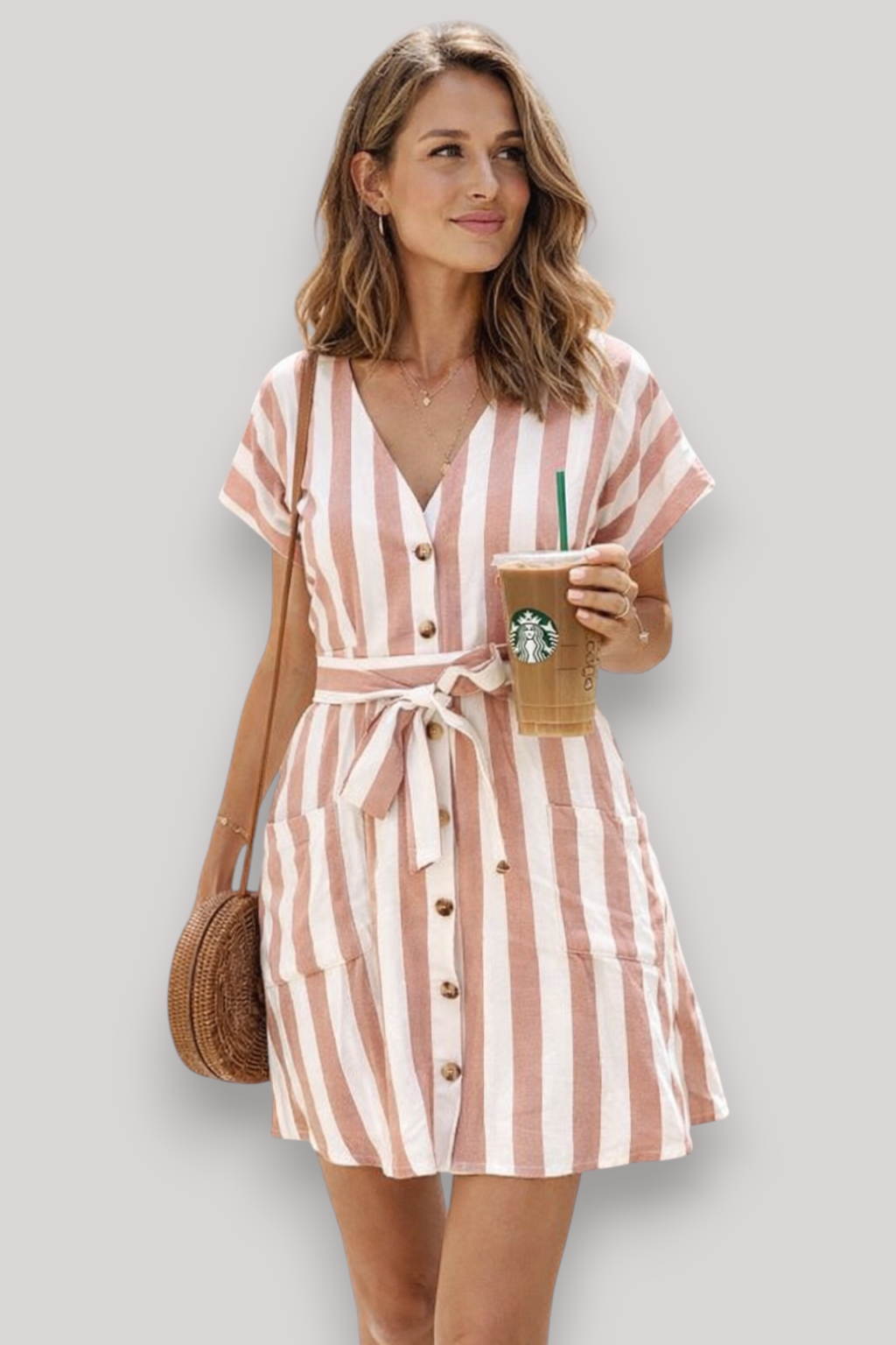 The Penelope Women's Striped Midi Dress Tie Waist V Neck
