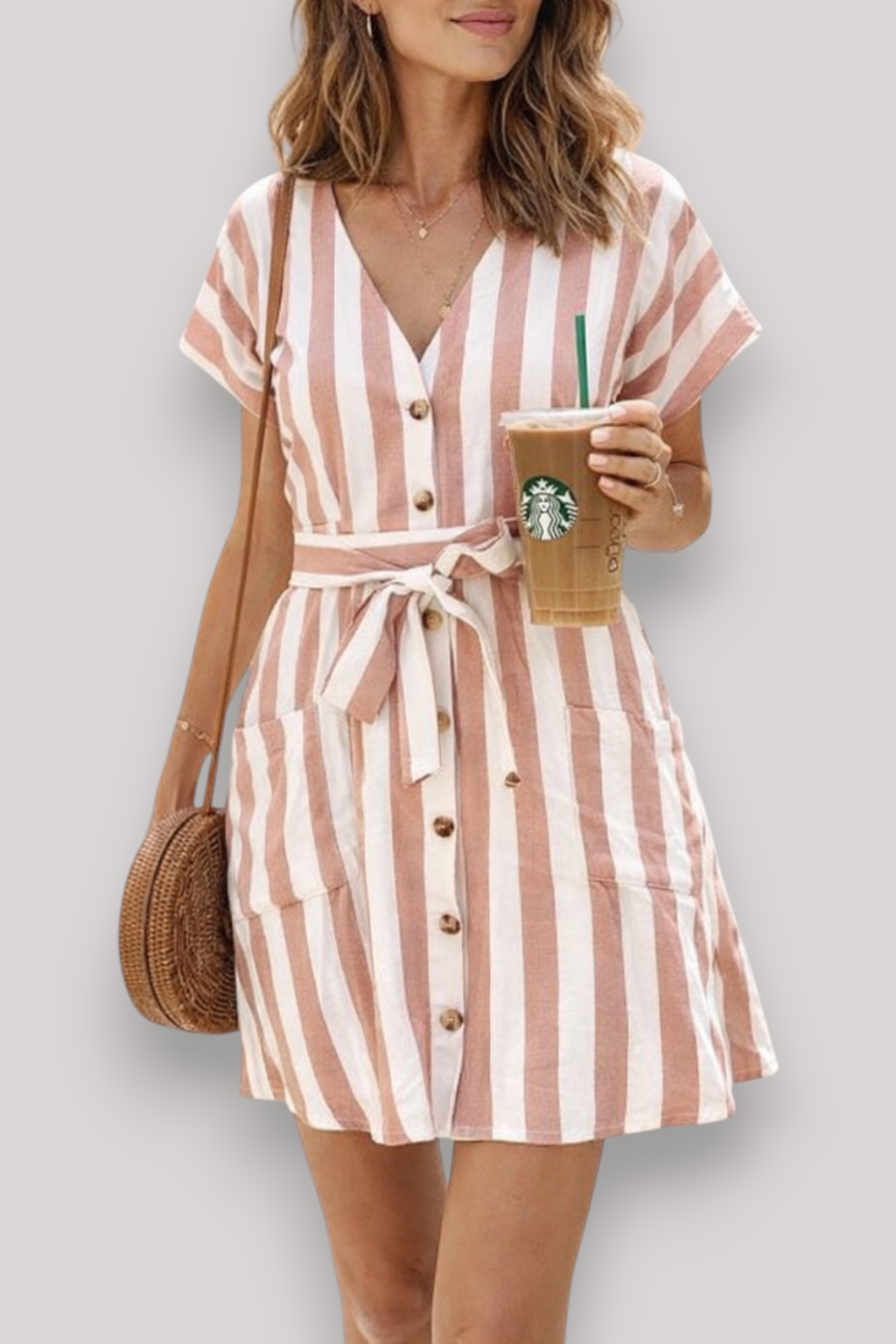The Penelope Women's Striped Midi Dress Tie Waist V Neck